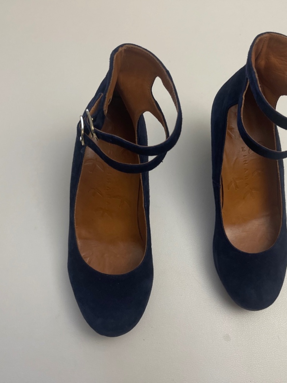 Chie Mihara Ankle Wrap blue suede pumps 37 or 7 comfort orig $400 now $120